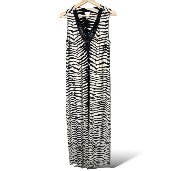 CHICO’S Zebra Print Sleeveless Maxi Dress Vee Neckline Beading Detail US Sz M - Picture 1 of 10